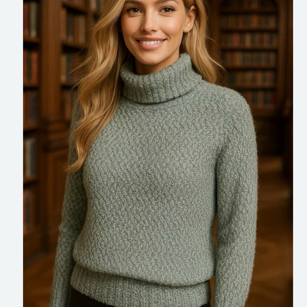 Yes Lola Sage Green Chunky Knit Turtleneck Sweater Medium